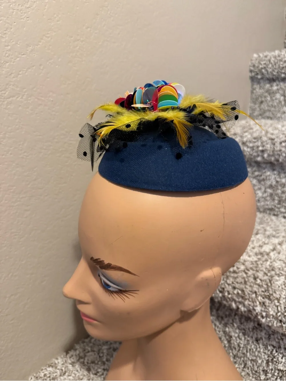 Navy Blue Feathered Fascinator Headpiece with Multicolor sequins